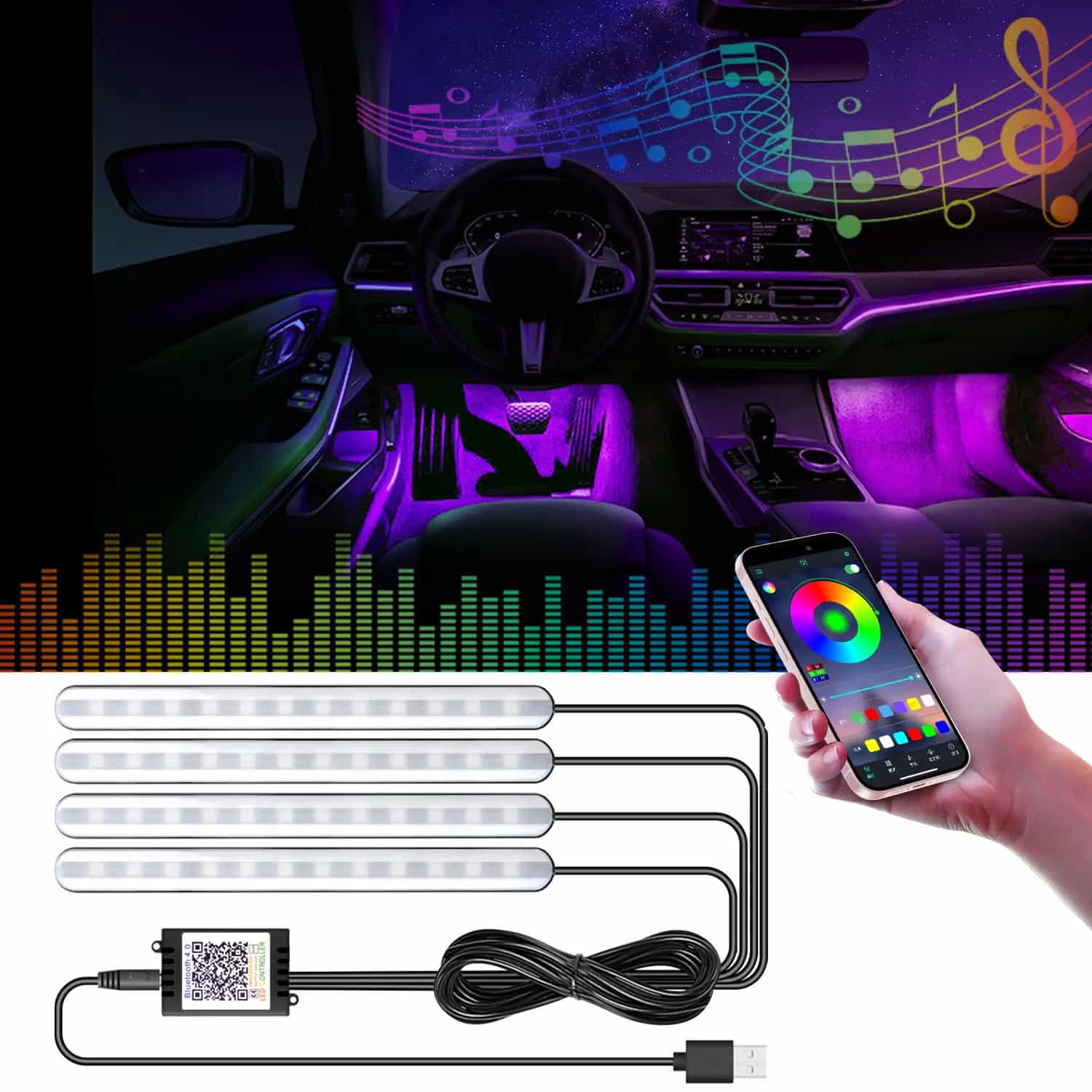 Car Footwell Lights RGB Underdash Footwell Lights with APP Control & Music Sync, 16 Million Colors DIY Mode, USB 5V