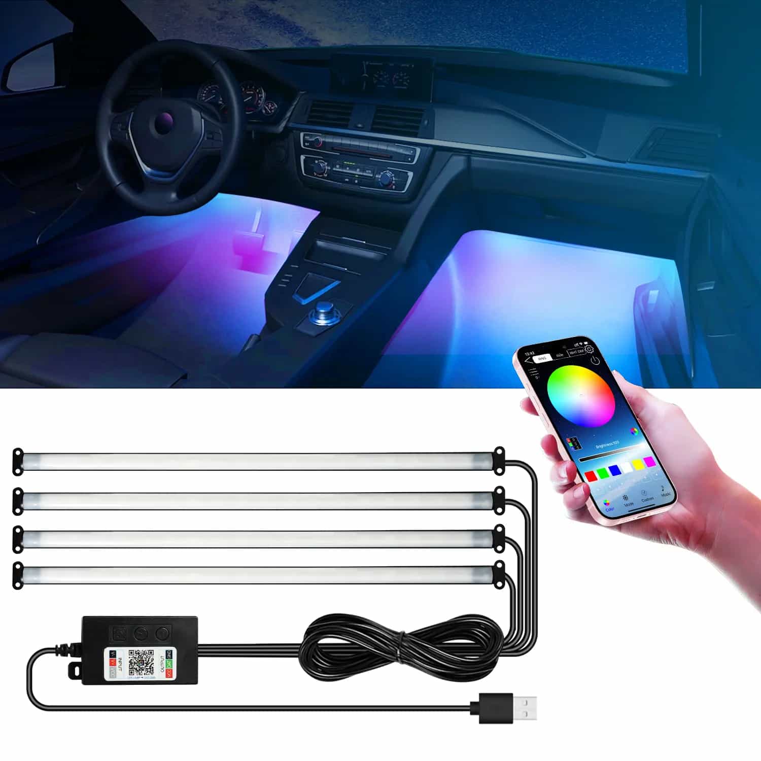 RGBIC Car Footwell Lights Interior Ambient Lights Multicolor Atmosphere Lights APP Control Music Sync DIY Mode USB 5V