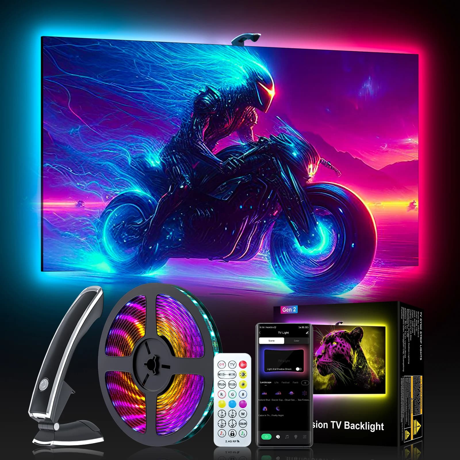 RGBIC TV Backlight Strip with Zero-Latency Screen Sync, Music Sync, High-Density LEDs, Smart App & Remote Control, Auto On/Off Ambient Lighting for Home Theater/Gaming thumbnail 1