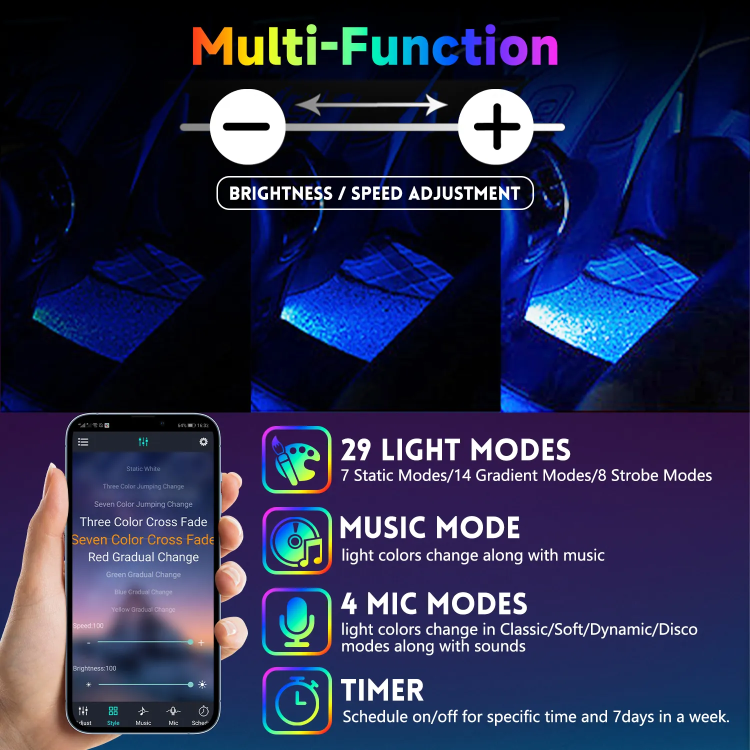 Car Footwell Lights RGB Underdash Footwell Lights with APP Control & Music Sync, 16 Million Colors DIY Mode, USB 5V thumbnail 4
